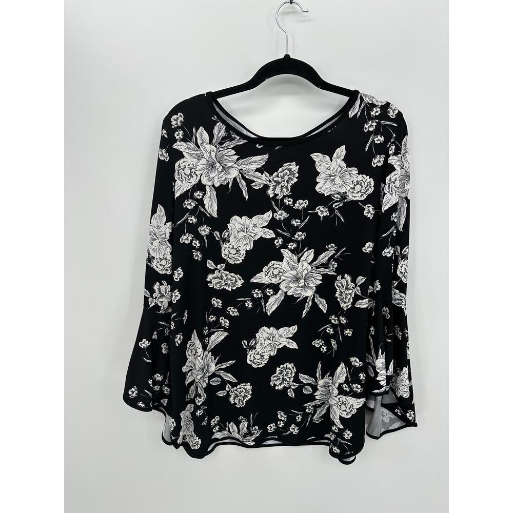 MSK Womens Black Floral Top‎ Size XL Bell Sleeve Boho Whimsigoth Dark Fairy